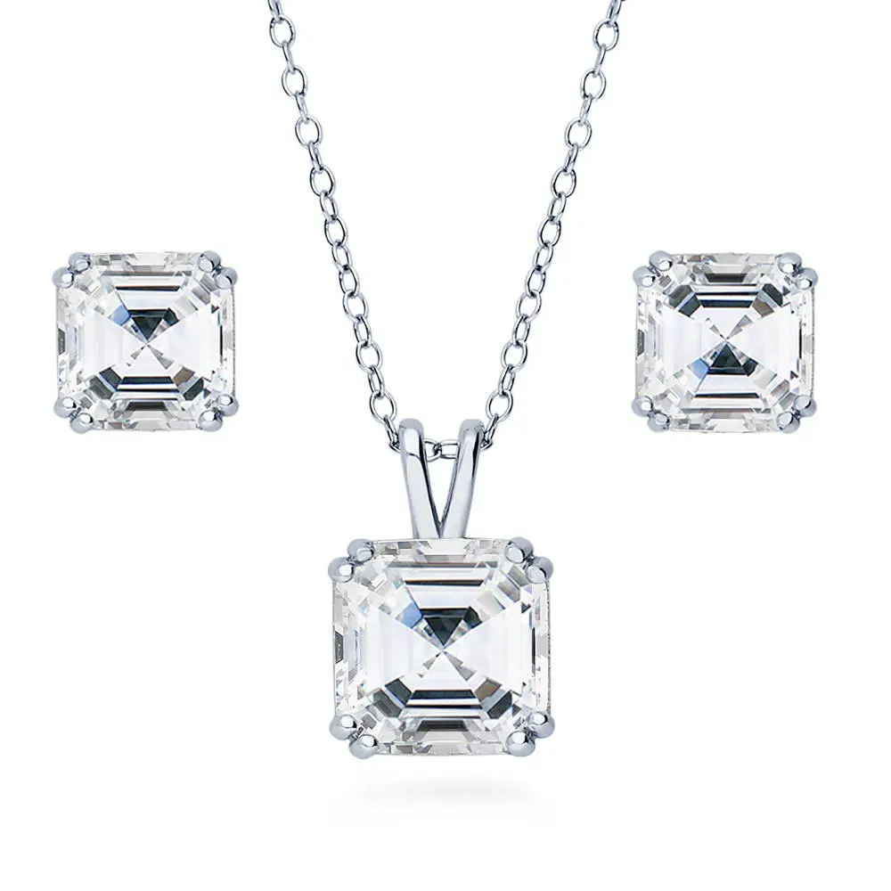 BERRICLE Sterling Silver Solitaire Necklace and Earrings Set for Women, 2.4 Carat/3 Carat Asscher Cut Cubic Zirconia CZ