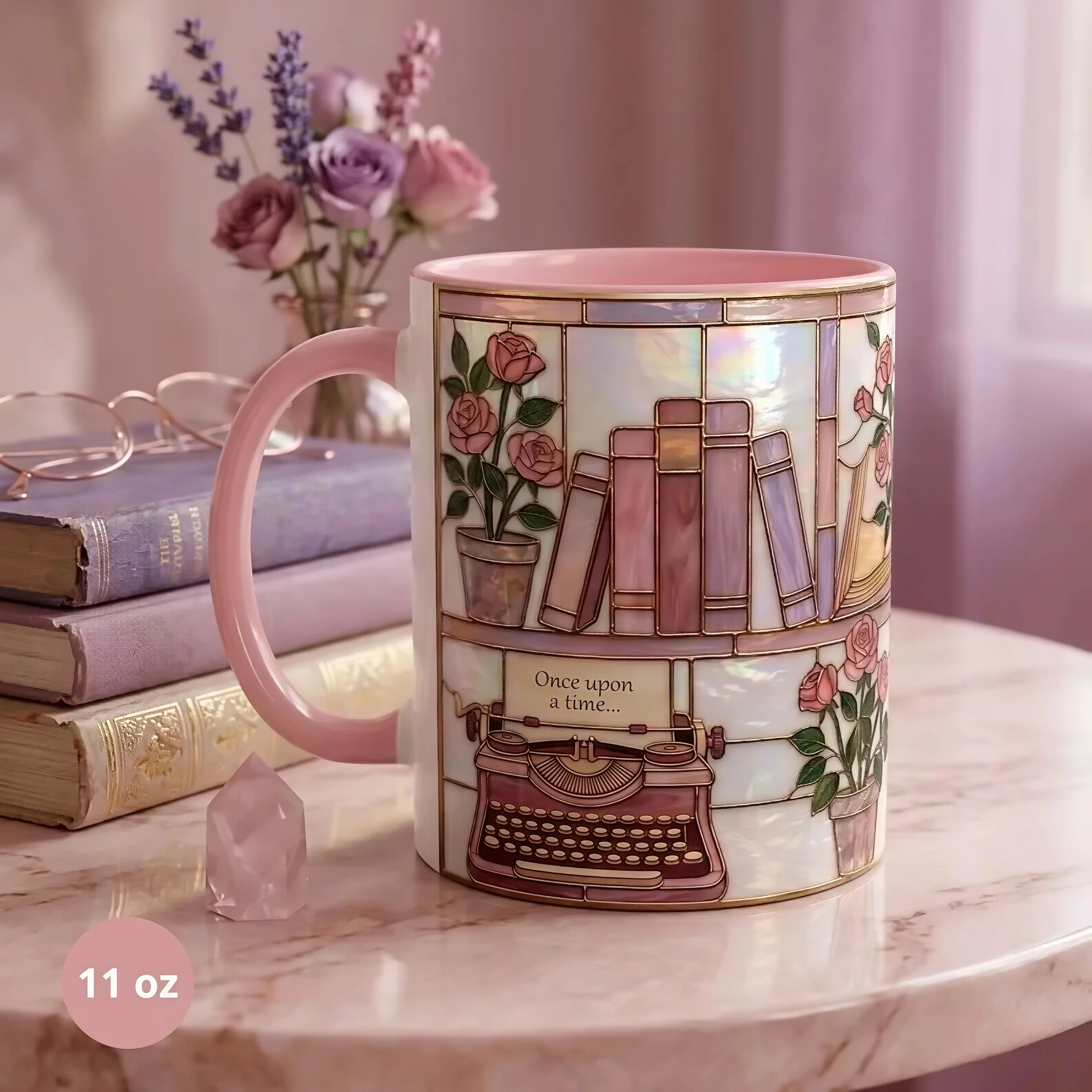 Faux Stained Glass Book Lover Mug - Classic Non-Customised Reading Drinkware, Floral Library Aesthetic Coffee/Tea Cup, Perfect Gift for Bibliophiles