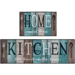 Turquoise Teal Kitchen Rugs and Mats Non Skid Washable Set of 2, Brown Wooden Vintage Farmhouse Floor Mats, Sweet Heart Home Runner Rug, Rustic Kitchen Decor