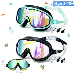Swim Goggles with Nose Cover, 2 Pack Swim Goggles Set Wide View Diving Mask Anti-Fog UV No Leak Toddlers Swimming Goggles for Kids 3-15