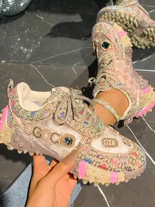 Women's Thick Sole Sneakers, Glitter Design Sneakers, Trendy Casual Sportswear, Comfortable Daily Wear Footwear, Perfect for Everyday Use & Stylish