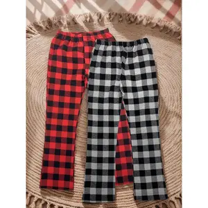 Two-Piece Christmas Plaid Kids Pajama Set, Woven Flannel Warm Simple Grid Loose Comfortable Home Sleepwear Casual Pants Plaid Print Pajama