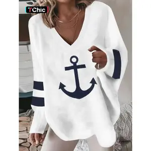 Women's Striped & Anchor Print Drop Shoulder V Neck Sweater, Casual Long Sleeve Pullover Jumper for Daily Wear, Comfy Women's Knitwear for Spring & Fall