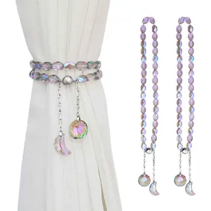 Magnetic Curtain Tiebacks 2 Pack, Elegant Crystal Beaded Sun Moon Pendant Curtain Holdbacks, No Drill Decorative Drape Holders for Sheer Curtains, Modern Window Decor Accessories for Home Bedroom Office