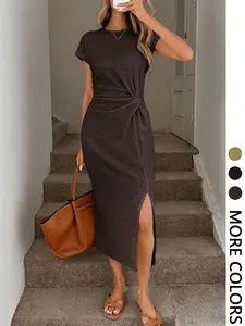 Elegant Waist Twist High Slit Sleeveless Midi Dress, Casual Apricot Textured Bodycon Dress, Women's Birthday Outfit, Women's Fitness Set, Women's Wedding Guest Dress, Women's Office Wear, White Graduation Dress