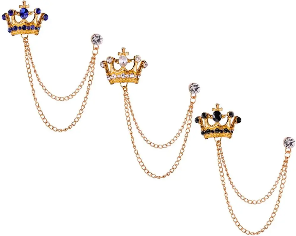 Men's Brooch Crown  Chain Black White Blue Stone Detailing with Engraving Metal  Rhinestone Breastpin Wedding Brooch Pin,