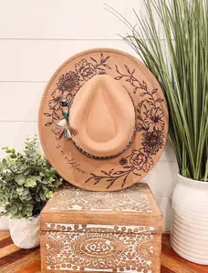 Floral Burned Hat, Floral Engraved Cowboy Hat, Sunflower Hat, Sunflower Burned Fedora, Engraved Fedora, Engraved Felt Hat, Boho Hat