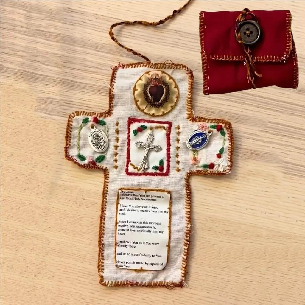 Handmade Pocket Shrine with Silver Cross, 1/2 Counts Embroidered Pocket Shrine for Prayer, Christian Prayer Gift, Encouragement Scriptures, Christian Gift, Decor, Religious Decorations, Religious Home Decor