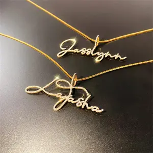LeeChee Diamond Button Custom Name Necklace Cursive Script Personalized Jewelry Gift