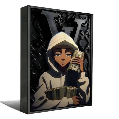 Riley Freeman Money-Themed Canvas Wall Art Print "A Stack of Cash" - House Decor, Cool Room Accent, Man Cave Decor Items, Unique Anime-Hop Fusion Gifts for Him, Modern Male Spaces Hip-Hop Enthusiasts Highlight