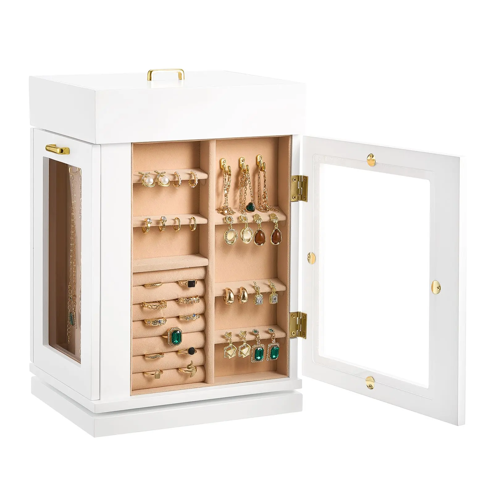 White 360° Rotating Flannel-Lined MDF Jewelry Cabinet - Magnetic Metal-Frame Home Organizer with Transparent Glass Doors, Drawers, Built-in Storage Jewelry Boxes & Organizers