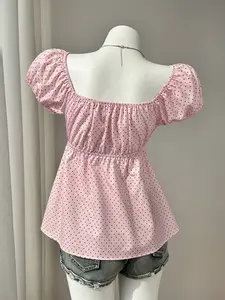 Women's Polyester Cap Top Blouse - Square Neck, Polka Dot Print, Puff Short Sleeves, Button Front, Ruffled, Comfortable Fabric, Flattering Fit Shirt