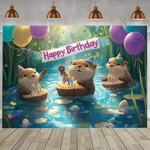 1pc Otter Party Backdrop Banner with Colorful Balloons – High-Quality Polyester Photography Background for Birthday Celebrations, Photo Booth Fun, and Festive Decorations, Photo Booth Backdrop | Playful Design | Colorful Print White,summervibes
