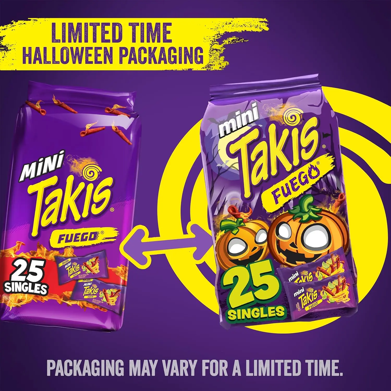 Takis Fuego Mini Rolled Tortilla Chips Snack Pack, 25-Bag 1.23 oz Bite-Size Multipack, Crunchy Tangy Extreme Spice Flavorful Hot Chili Pepper & Lime Snack, Non-Fried Convenience Food, 12-Month Shelf Life for Cupboard Storage