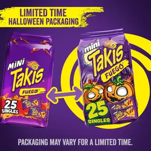 Takis Fuego Mini Rolled Tortilla Chips, 25-Piece 1.23 oz Bite-Size Multipack, Extreme Spice Hot Chili Pepper & Lime Flavor, Non-Fried Convenience Crunchy Snack Food