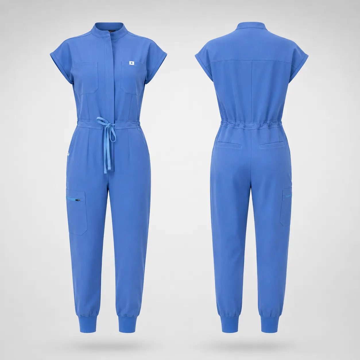 Dvoliaw Scrub Jumpsuit for Women – Stand Collar, Short Sleeve, 7-Pocket Stretch Medical Uniform, Machine Washable Nurse Workwear