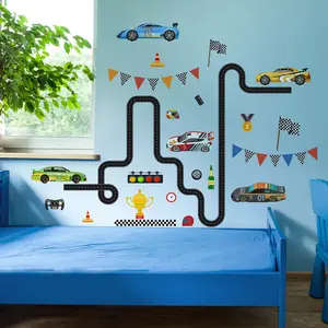 One Set (30*90cm*2pcs) Cartoon Racing Track Wall Stickers, Speed Racing Themed, Self-Adhesive Wall Decor Stickers for Kids' Room
