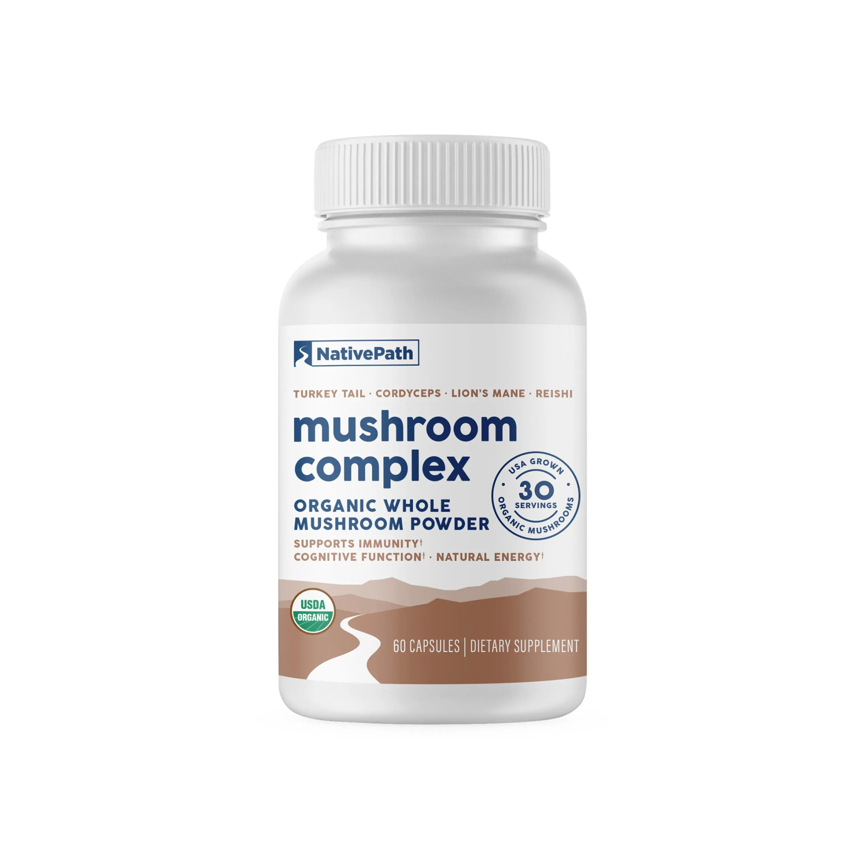 NativePath Organic Mushroom Complex 1375mg - Lions Mane, Turkey Tail, Cordyceps & Reishi - Whole Mushroom, USDA Organic, US-Grown - Immune Support, Brain & Energy - Beta-Glucans, 60 Vegan Capsules
