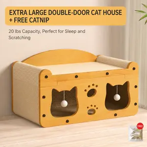2-in-1 cat scratching board and bed integrated design, includes catnip, solid wavy paper material, single vertical layer, universal type, suitable for all seasons, wear-resistant, no peeling, for sleeping, scratching, and play.
