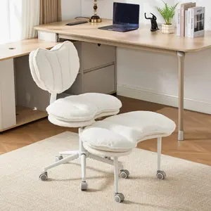 Ergonomic Cross Legged Office Chair with Wheels, ADHD Chair for Adults, Meditation Chair, Yoga Office Chair, Comfortable Back Support, Height Adjustable,Small Spaces, Teddy Fabric, Ivory