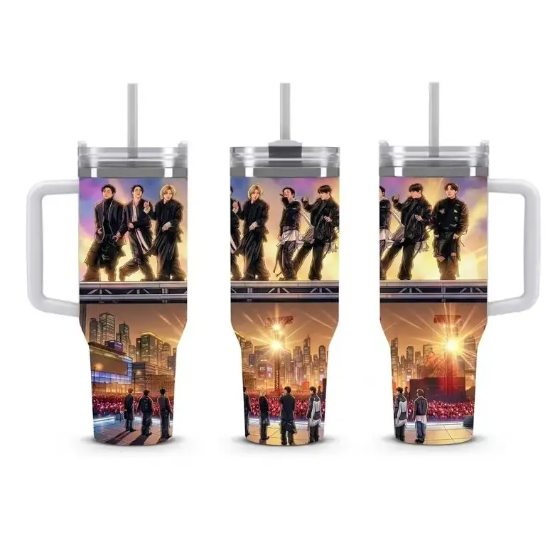 [Gift Box Included] 40oz, 20oz Bangt@n'sss OT7 Kpop Stage's Fan Art Print Stainless Steel Tumbler with Handle and Straw Vacuum Insulated Travel Mug Fits Car Cup Holder Cool Gift for K-Pop Fans