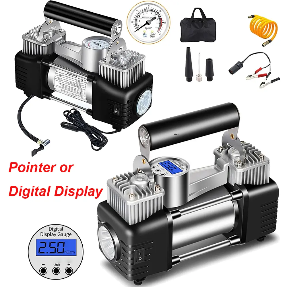 Tire Inflator Portable Air Compressor, 12V with Emergency LED Light Portable Dual Cylinder Air Pump Heavy Duty Car Tire Inflator Portable Air Compressor Portable Dual Purpose Air Pump for Auto, SUV, Off-Road, Truck, Bike, Bicycle