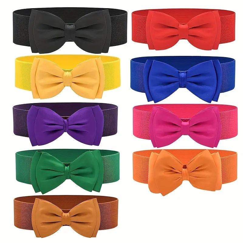 Women's Candy Color Bow Detail Wide Elastic Band Belt - 1 Size Classic Waistband Girdle for Dresses, Coats, Sweet Look