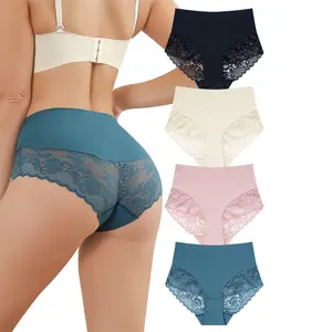 LEVAO Women’s No Show Lace High Waisted Panties 4 Pack – Seamless Soft Stretch Tummy Control Bikini Underwear (S-XXL)