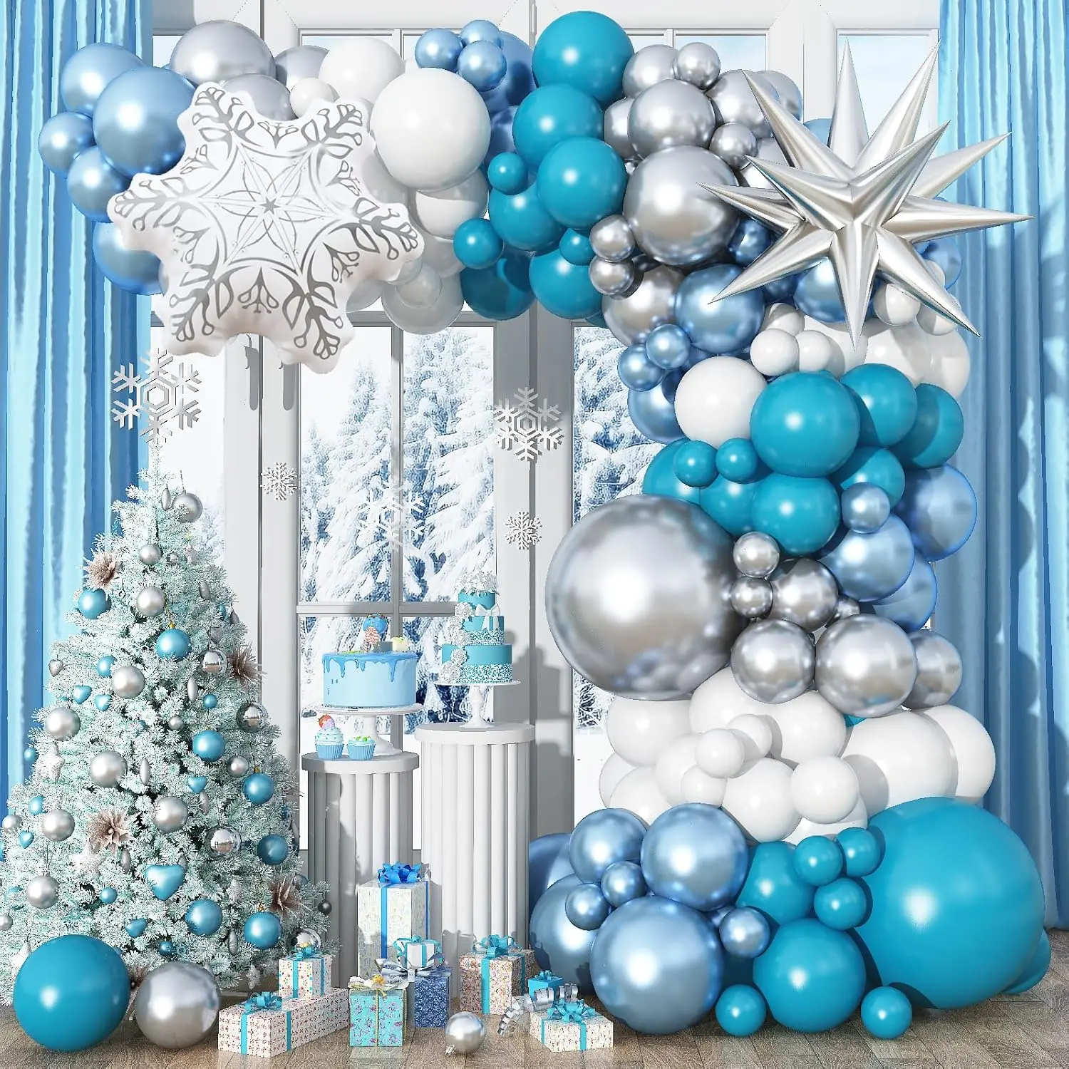 Blue Silver Balloon Garland Kit with Snowflake Theme Metallic Party Decor for Winter Event Setup