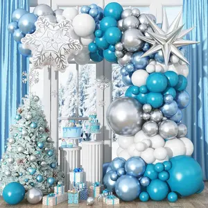 Blue Silver Balloon Garland Kit with Snowflake Theme Metallic Party Decor for Winter Event Setup
