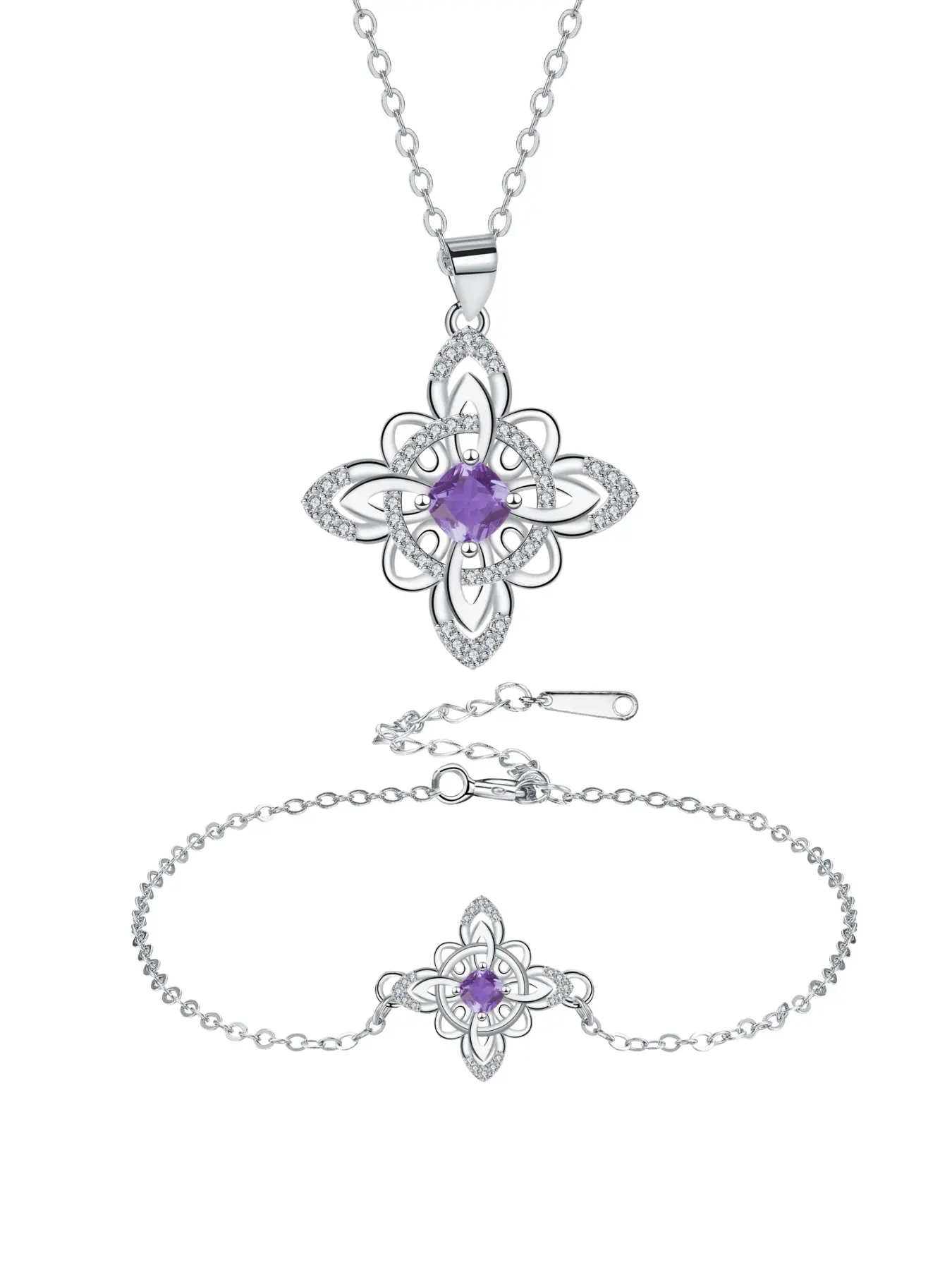 Hecate witch style Celtic knot pendant necklace bracelet combination, designed for women and pagan enthusiasts, made of silver plated copper material, inlaid with artificial amethyst cubic zirconia; Suitable for Gothic and Mystic enthusiasts