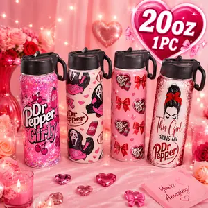 20oz Dr Pepper Girly Water Bottle with Handle & Foldable Straw Double Wall Vacuum Insulated Stainless Steel Tumbler for Hot & Cold Drinks, Coffee Milk Tea Travel Mug Leakproof Cute Pink Gift for Women Girls Back to School Graduation Birthday