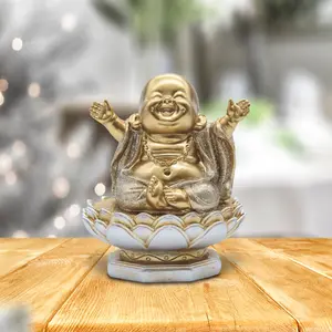 4.75"H Gold and Silver Maitreya Buddha on Lotus Seat Statue Happy Buddha Feng Shui Decoration Religious Figurine
