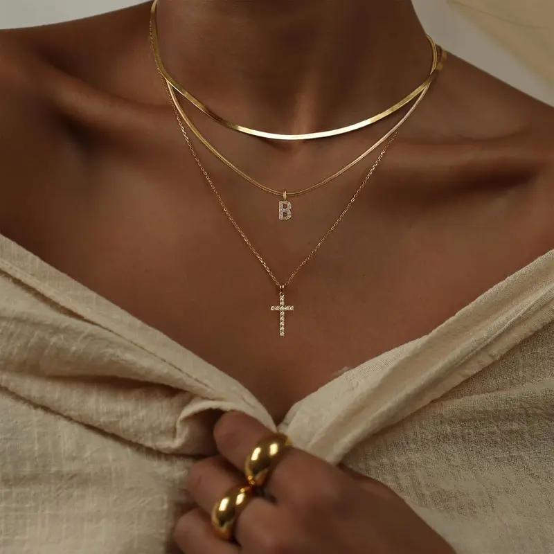 TASISO Women's 14K Gold Plated Layered Trendy Shining Necklace - Faith Style Initial Pendant, CZ Cross, Safety Pin Stackable Costume Jewelry, Gold Jewelry Gifts for Women, Christmas, Mom Birthday, Accessories Adults