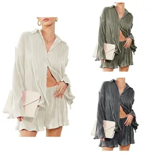 Women's Party Outfits Two-Piece Set Button Down Top & Shorts in White Polyester Fiber Loungewear Comfortable Casual Basic Collar Collared Minimalist Style