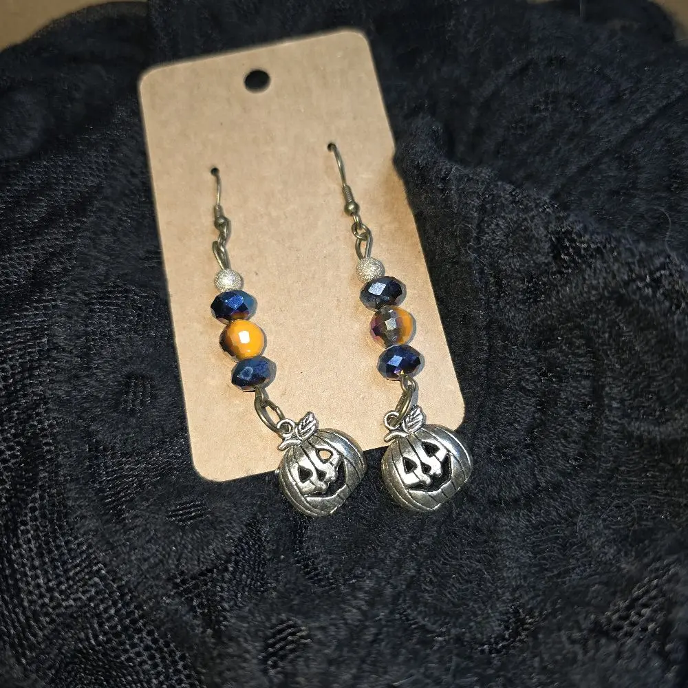 Halloween Pumpkin Earrings with Blue and Orange Beads for Festive Jewelry