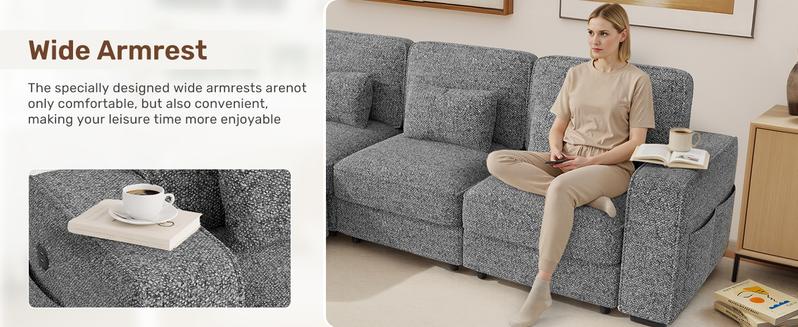 102" Convertible Sectional L-Shaped Sofa Couch with Storable Ottoman,Deep Seat Sofas for Living Room,Bedroom Apartment,with USB Type-C Ports and Pillow (Chenille,Beige)