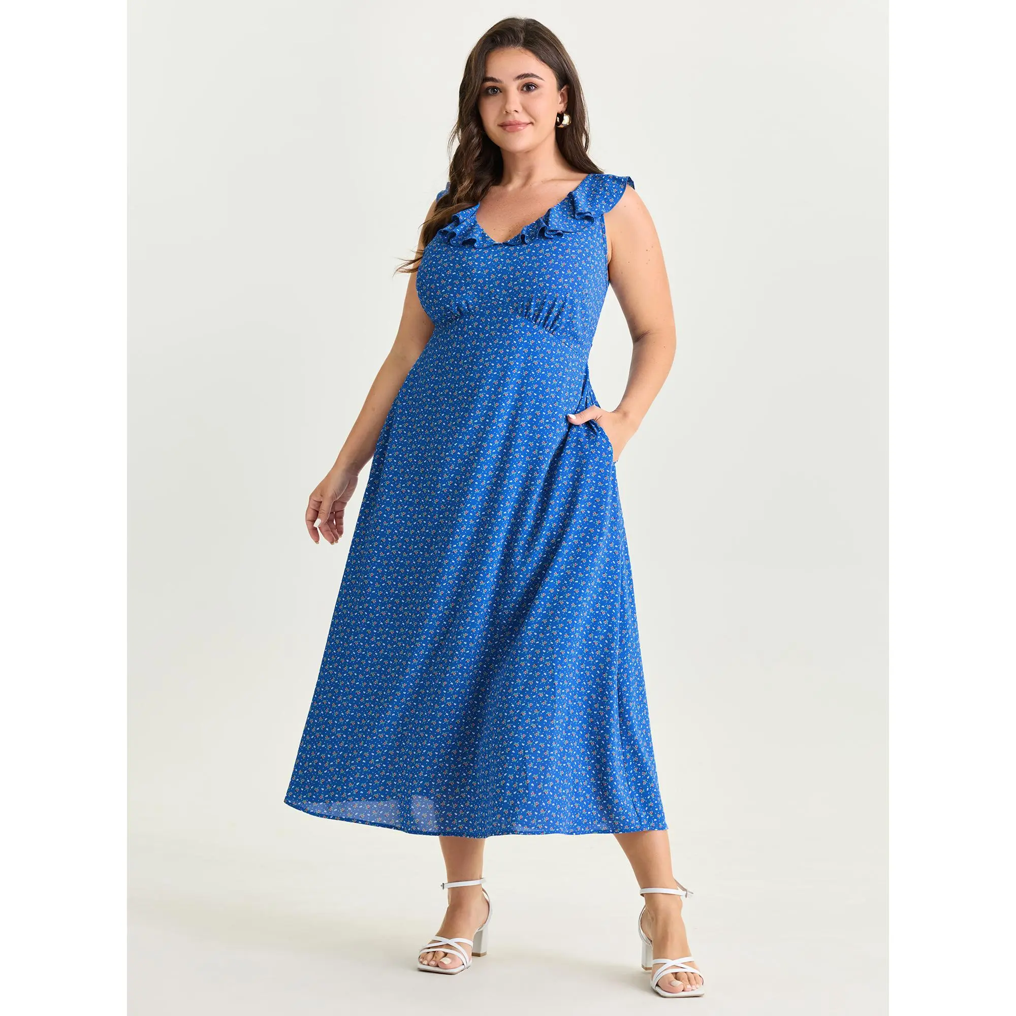 BLOOMCHIC Women's Plus Size Ruffled Neckline Micro Floral Print Midi Dress - Multi-Size, Curvy Casual Styles [M-6X] , Polyester, Spotlight, Deals for You Days, Multi-Size Casual Dresses, Curvy Casual Dresses,Summerfinds