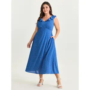 BLOOMCHIC Women's Plus Size Ruffled Neckline Micro Floral Print Midi Dress - Multi-Size, Curvy Casual Styles [M-6X] 2026 Summer Vibes Swimweek, Polyester, Spotlight, Deals for You Days, Multi-Size Casual Dresses, Curvy Casual Dresses