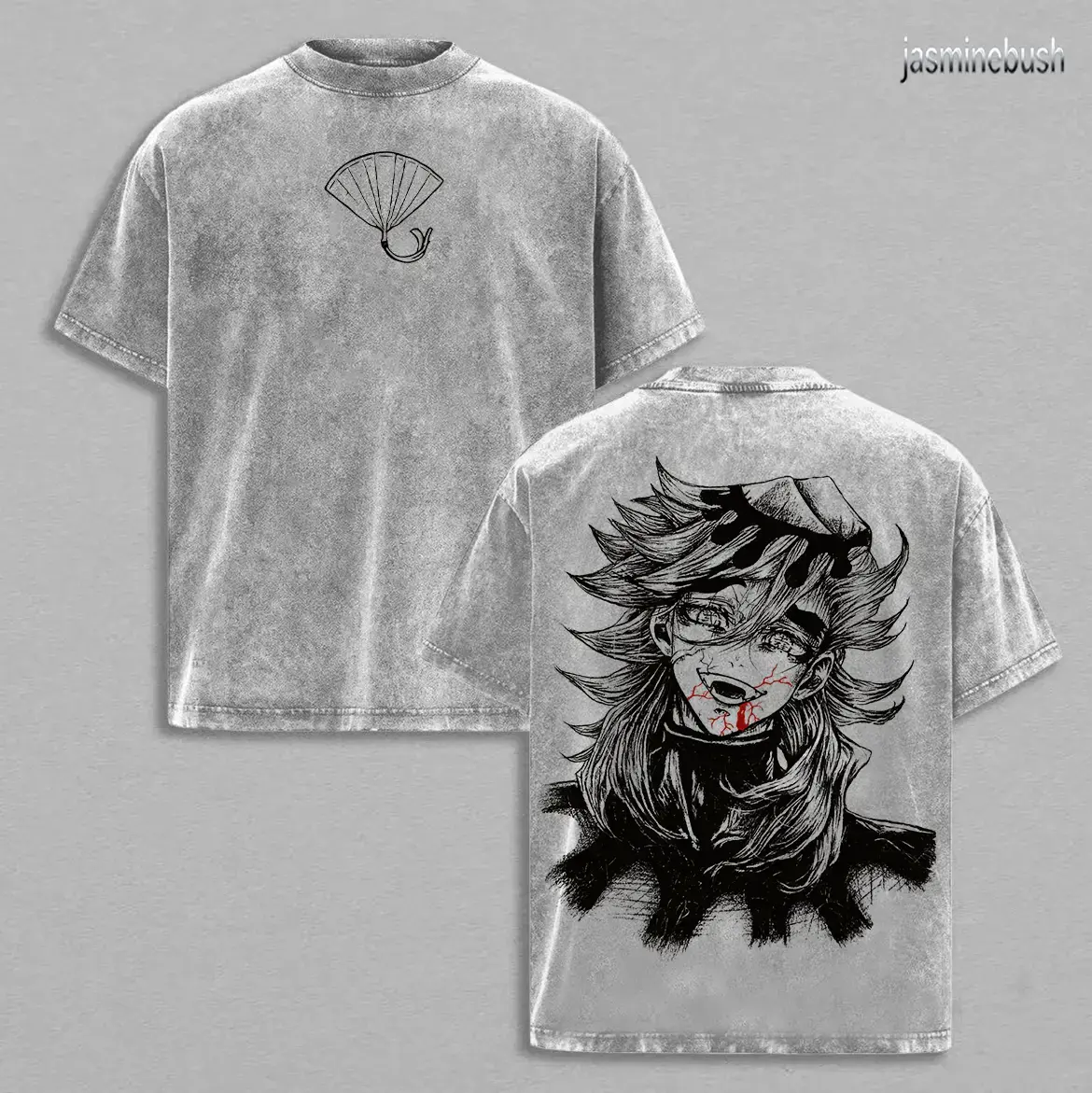 Douma Upper Rank 2 Demon Slayer T-Shirt Acid Wash Vintage Oversize Heavy Cotton Unisex Anime Manga T-Shirt Washed Retro Villain Graphic Tee Creepy Cult Dark Streetwear