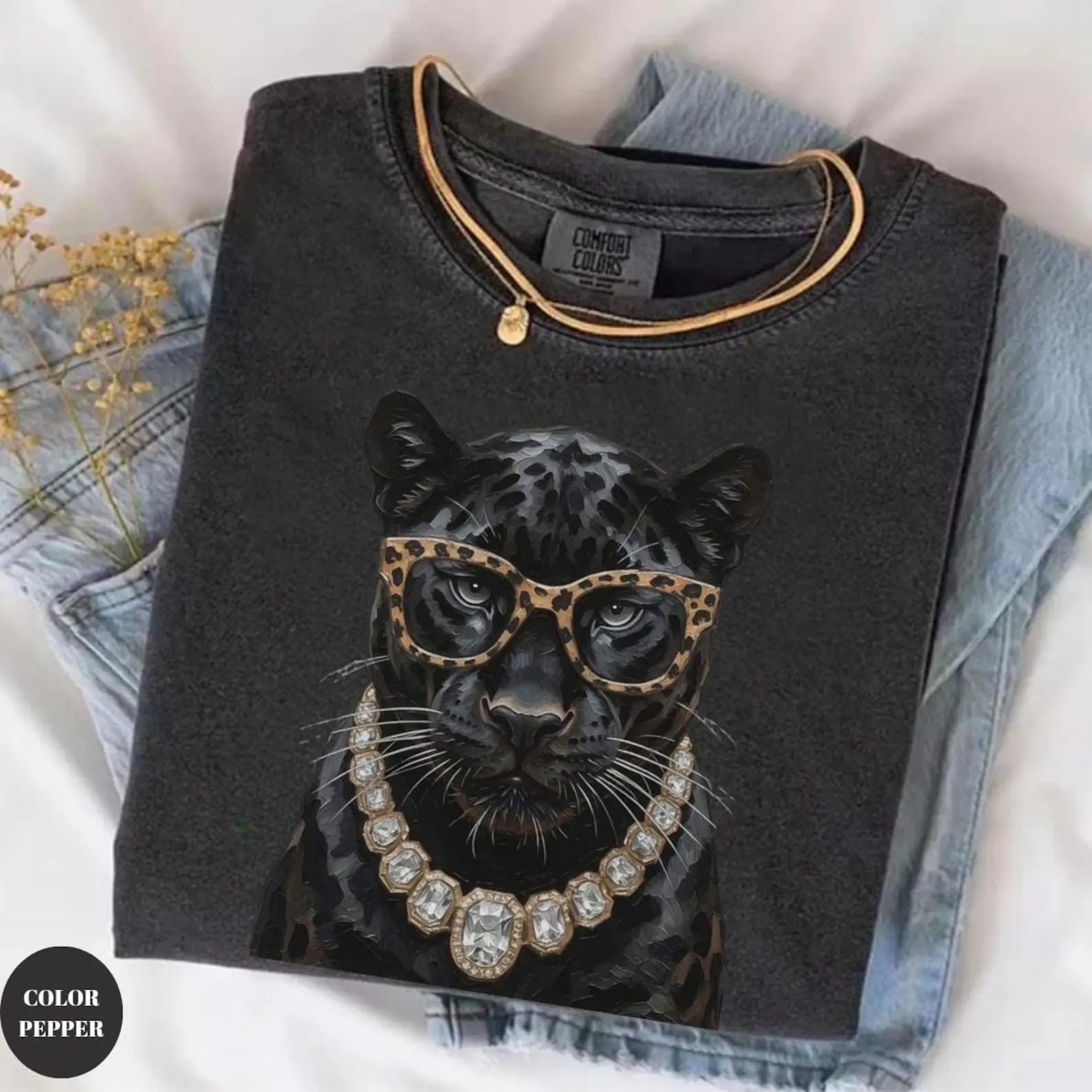Comfort Colors Glam Panther Shirt, Preppy Women's Panther Tee, Bling Boujee Graphic T-Shirt, Trendy Luxury Animal Outfit
