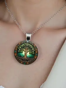 Vintage Glow-In-The-Dark Life Tree Necklace, Glass Zinc Alloy, Casual Fashion Accessory, Perfect for Daily Wear or Gifts