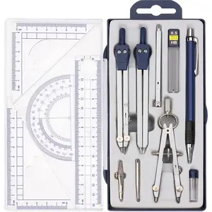 13 count Geometry Set Compass Geometry Tools Math Compass and Protractors Set Metal Drawing Compass Precision Set Graphic Compasses Triangle Rulers Pencils Protractor with Storage Case
