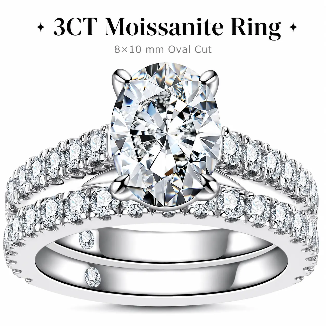 S925 Sterling Silver 3CT 8×10mm Hidden Halo Moissanite Bridal Ring Set, D Color VVS1 Engagement Ring with Matching Eternity Wedding Band queen ring