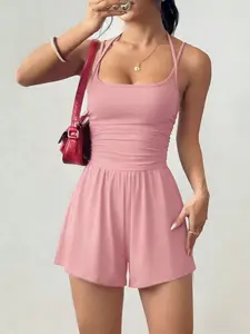 Women's Minimalist Halter One-Piece Short Pants, Sleeveless U-Neck Ruched Waist Slimming Bodycon Jumpsuit