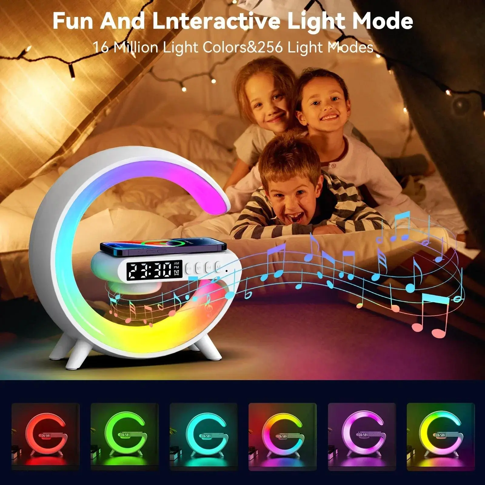 Multifunction RGB LED Light Wireless Speaker with Bluetooth Audio, Alarm Clock, 15W Wireless Charger Stand Pad, Button Control, USB Type-C Compatibility, Card Support - Chargeable Portable ABS Fast Charging Station for Android & iOS