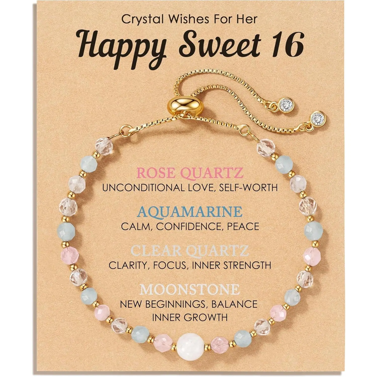 Elegant Gemstone Mix Bracelet for Growth, Happy Birthday Gift for Girls with Included Card, Sentimental Crystal Beads with Adjustable Fit, Moonstone, Birthday Gift Ideas, Granddaughter, 13Th & 16Th
