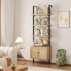 Ladder Bookshelf, 4 Tier Book Shelf with Rattan Cabinet, Wall Mount Bookshelves and Bookcases with Metal Frame, Anti Dump, Tall Bookcase for Living Room, Home Office, Bedroom
