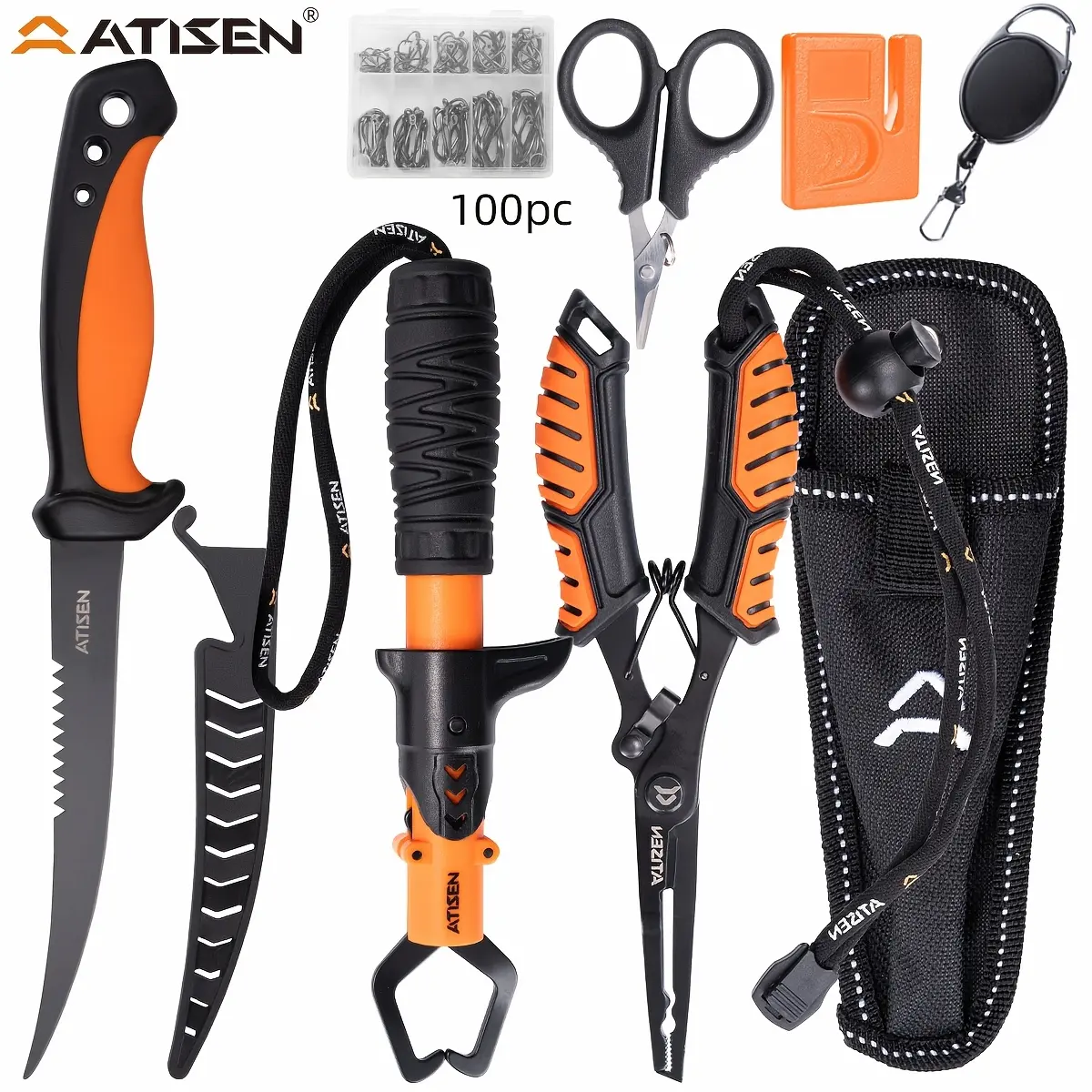ATISEN, Fish Knife Set, Bait Knife, Luya Tongs, Knife Sharpener, Anti-Loss Stretch Rope, Fishing Line Clippers, for Outdoor Camping, Fishing, Hiking, Fish, Meat And Poultry Cutting, Halloween, Christmas The Best Gift for Men