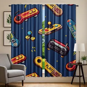 2 Piece Gamer Curtains Set, Abstract Geometric Video Game Controller Design, Polyester Fabric Semi-Transparent